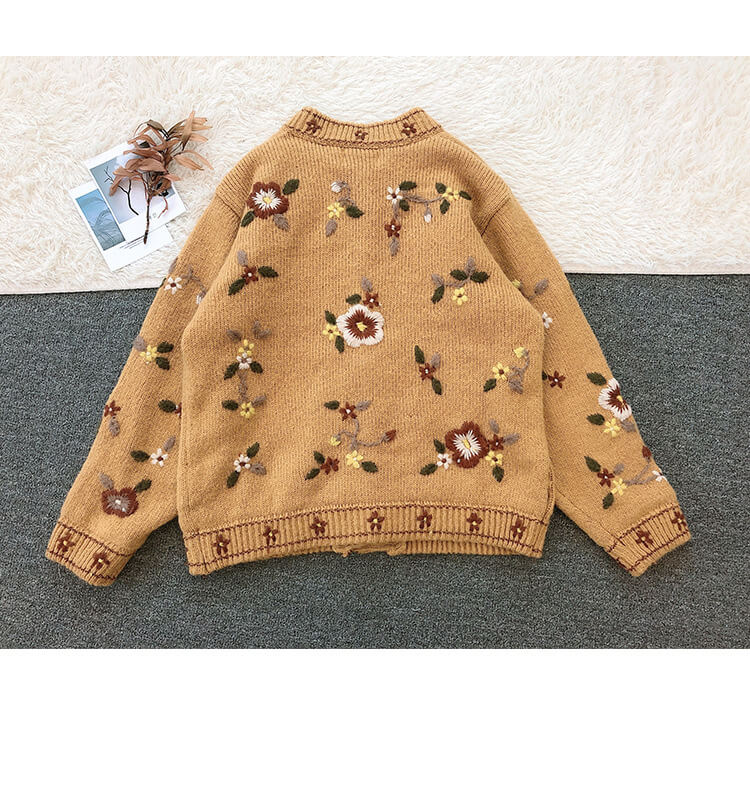 Floral Embroidered Wool Cardigan, LOONFUNG Button Up Sweater, Women's Winter Fashion, Cozy Outerwear Knitted Sweater Inactive