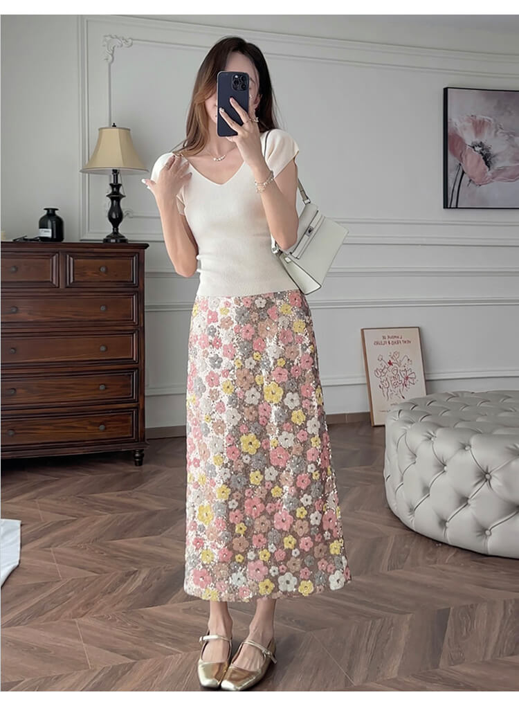 Old Money Style Sparkly Sequin Embroidered Floral Skirt LOONFUNG Clothing