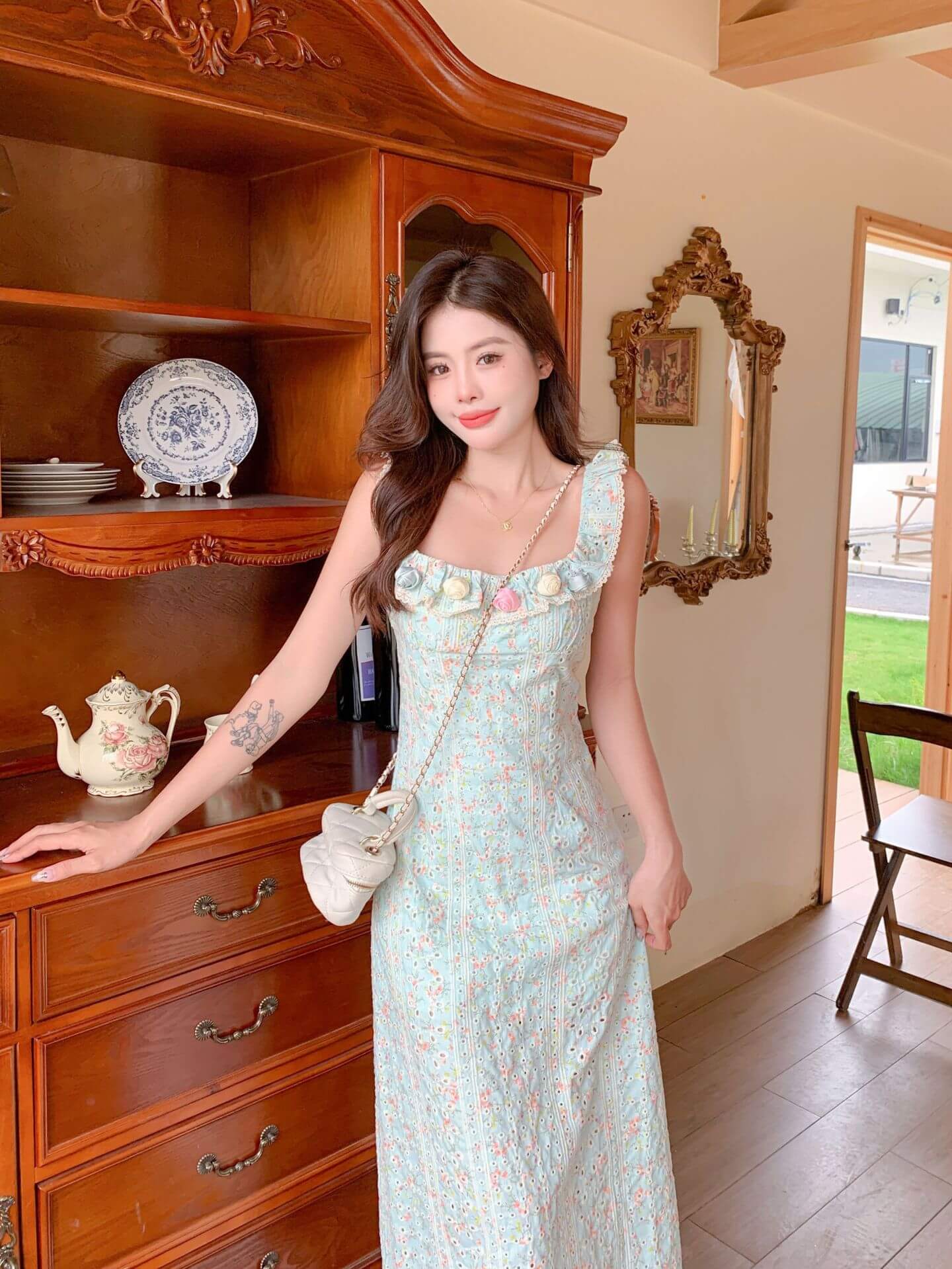 Handmade Floral Summer Dress, Square Neck Dress LOONFUNG Clothing